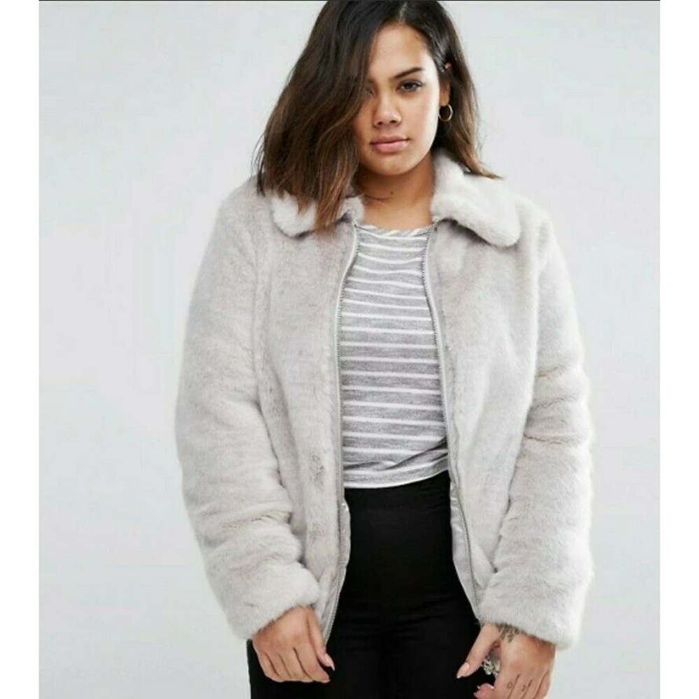 New Look Curve Faux Fur Bomber Jacket Gray 18 Asos
